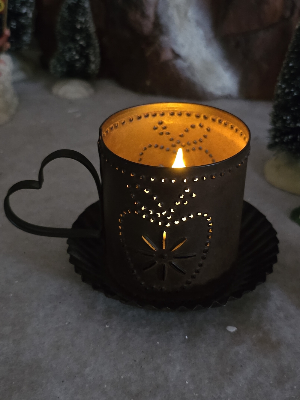 Rustic Punched Tin Tea Cup Candle Holder Primitive Farmhouse Heart Handle
